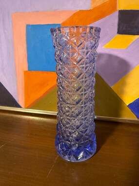Vintage Tall Blue Glass Vase Intricate Diamond-cut Geometric Pattern 7"